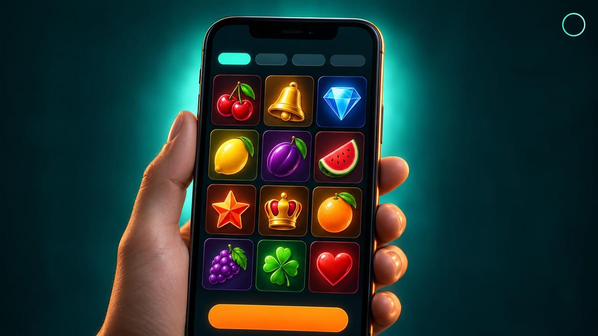 Catálogo de slots online em um celular com filtros de categoria e provedor